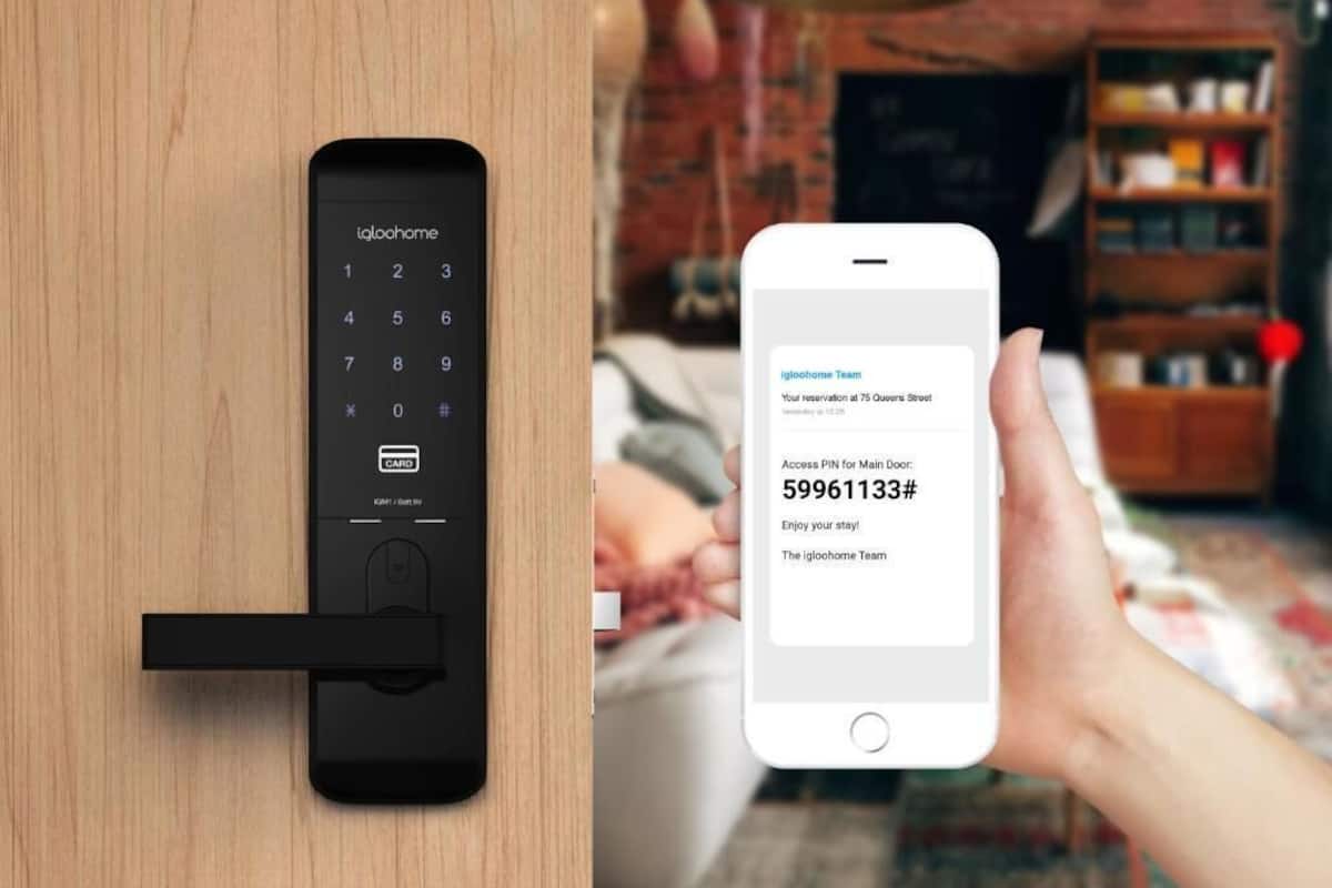 Ein digitales Schloss mit Tastatur und ein Smartphone, das eine Nachricht vom igloohome Team anzeigt.