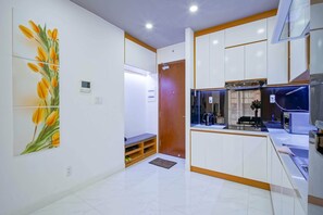 Fridge, microwave, electric kettle, rice cooker