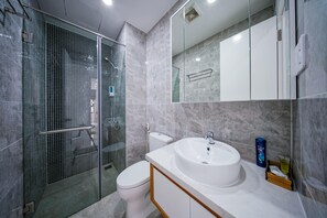 Hair dryer, slippers, soap, shampoo