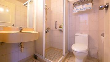 Shower, free toiletries, hair dryer, slippers