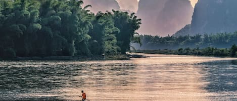 A person rowing a boat on a river with dense foliage and mountains in the background.