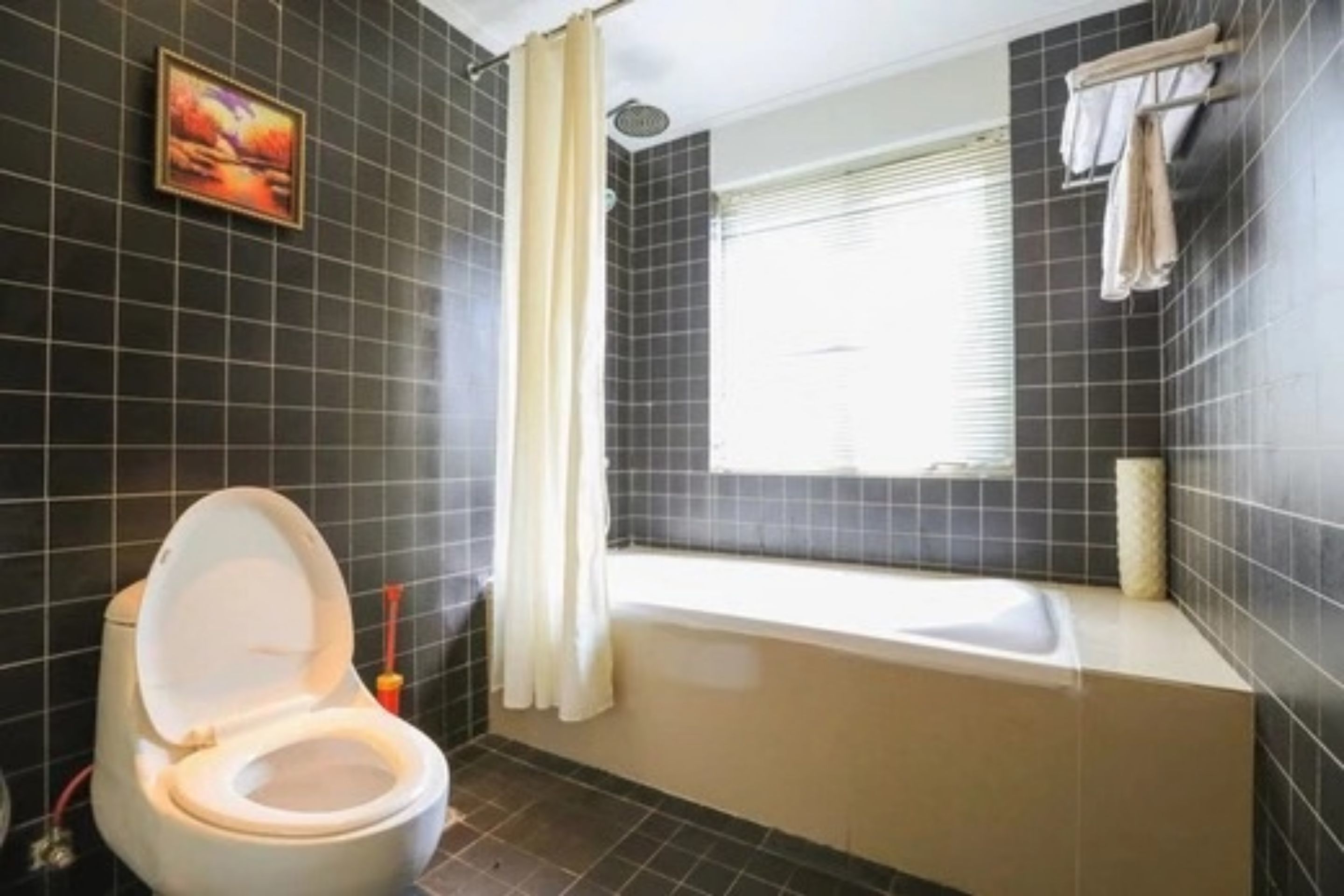 A bathroom with a toilet, a bathtub, and a window with curtains.