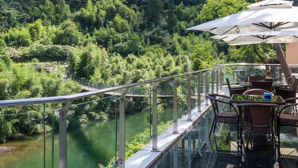 A glass balustrade overlooking a river, surrounded by lush greenery. - Floral Hotel Hangzhou Muxixiaolu (Hangzhou)