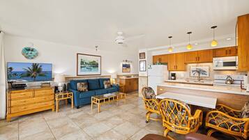 Smart TV, DVD player, books, video library
