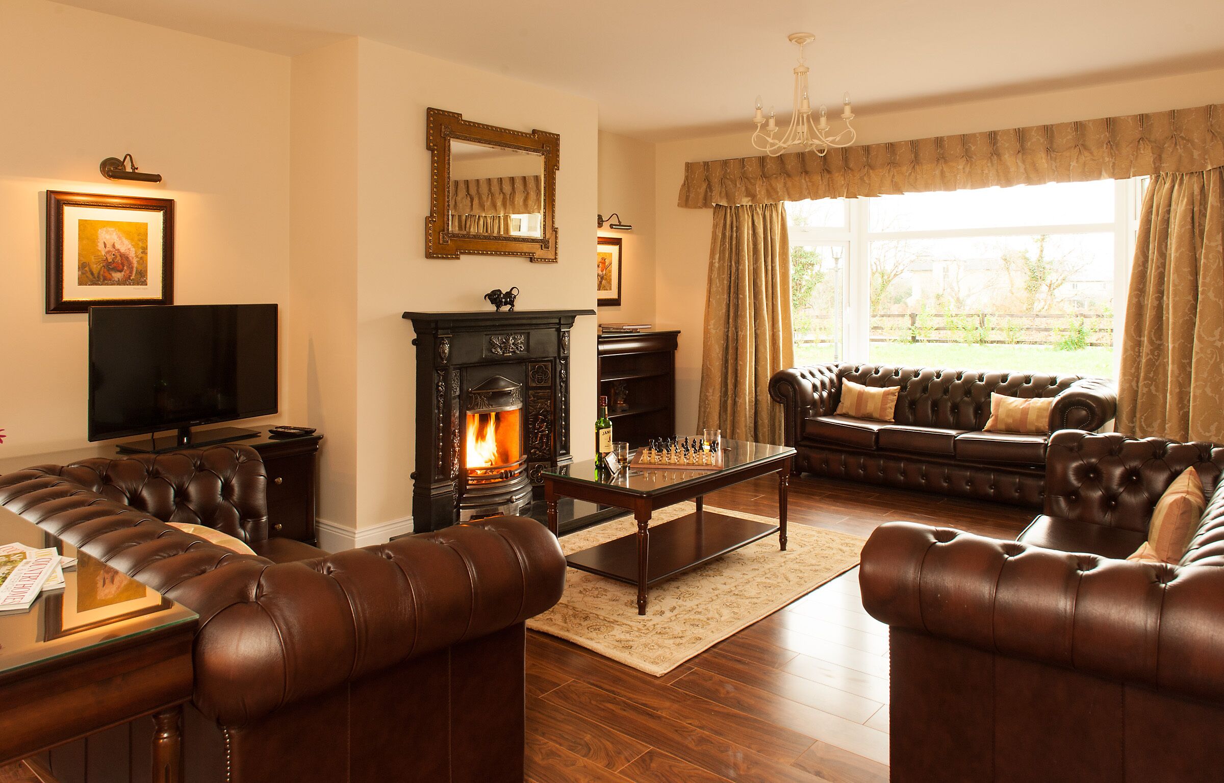 TV connectée, cheminée, lecteur de DVD, livres