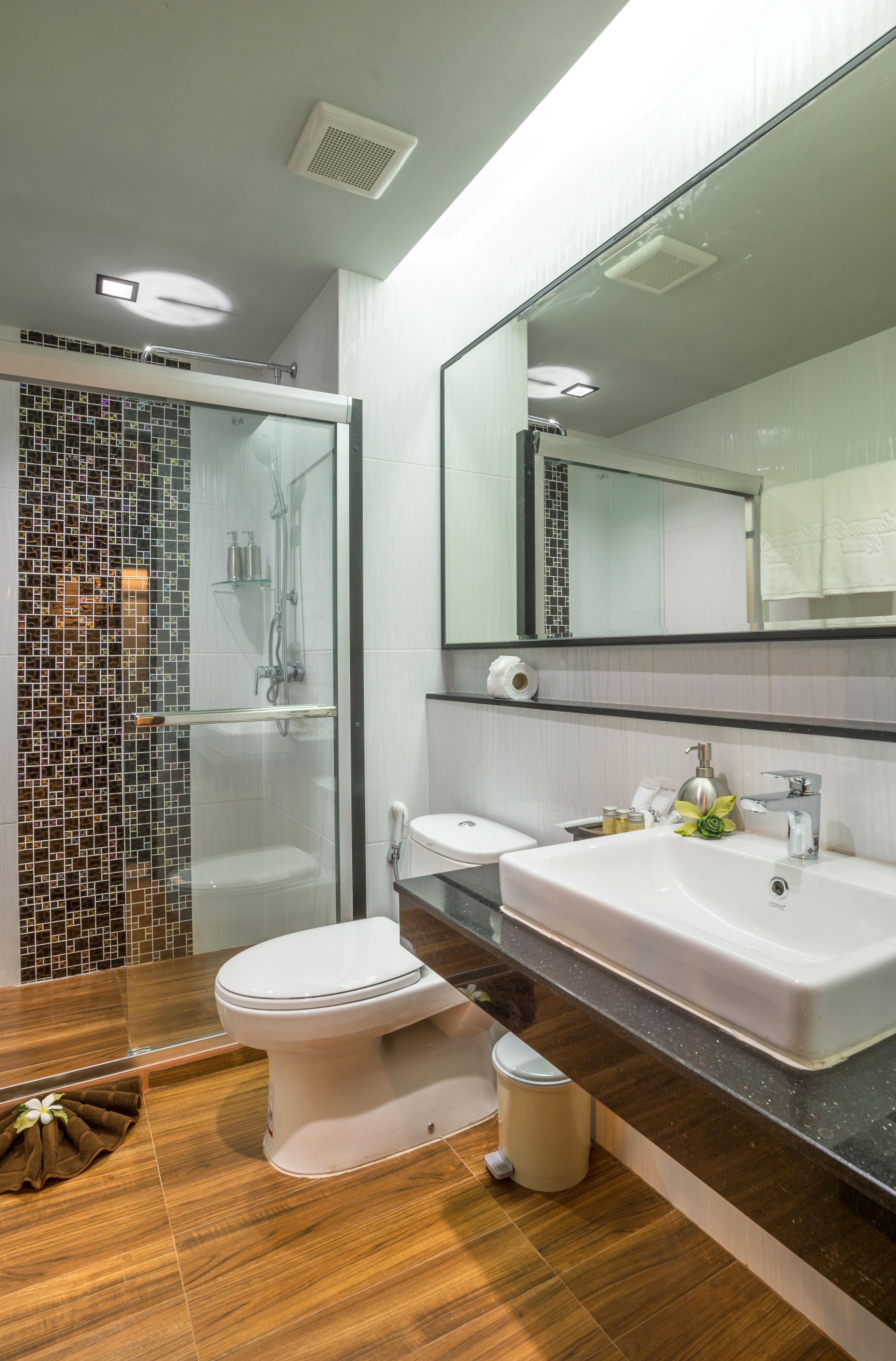 shower, rainfall showerhead, free toiletries, hair dryer