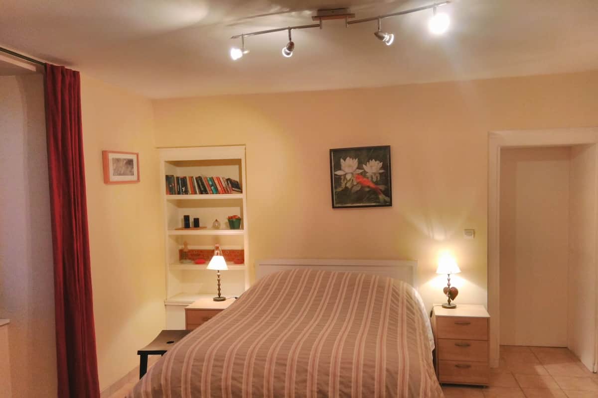 Ein Schlafzimmer mit Bett, Nachttisch, Bücherregal, Lampe und einer Tür.