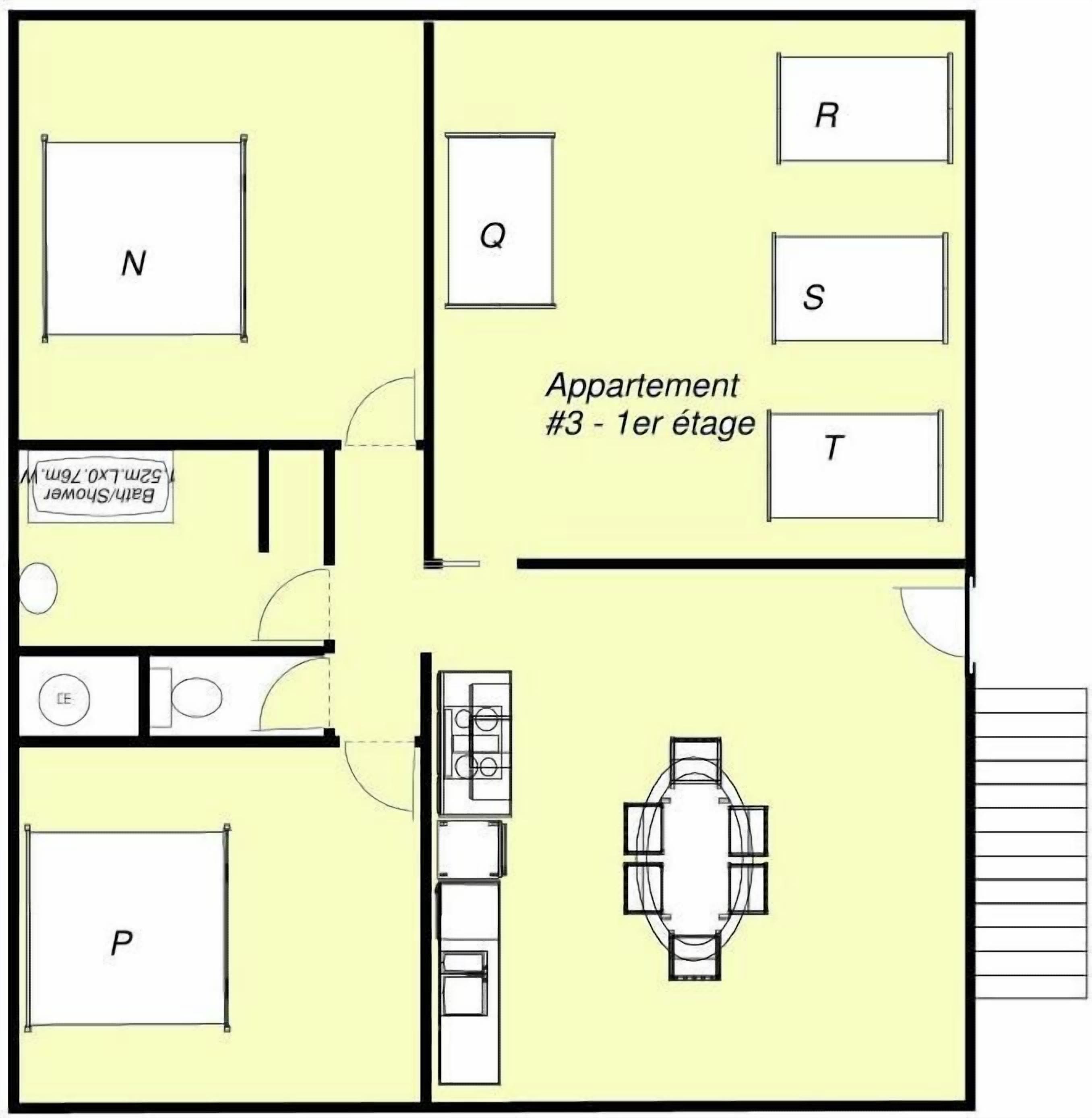 A floor plan of an apartment with labeled rooms N, Q, R, S, T, and P, including a kitchen and dining area.