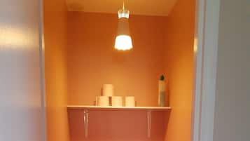 A small bathroom with a toilet, a shelf with toilet paper, a trash can, and a light fixture.