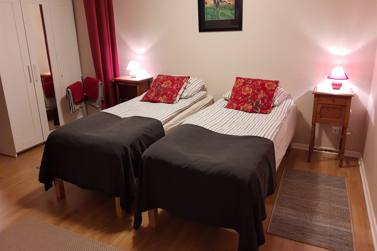Ein Schlafzimmer mit zwei Betten, einem Kleiderschrank, einem Bild an der Wand und einem Nachttisch mit einer Lampe.