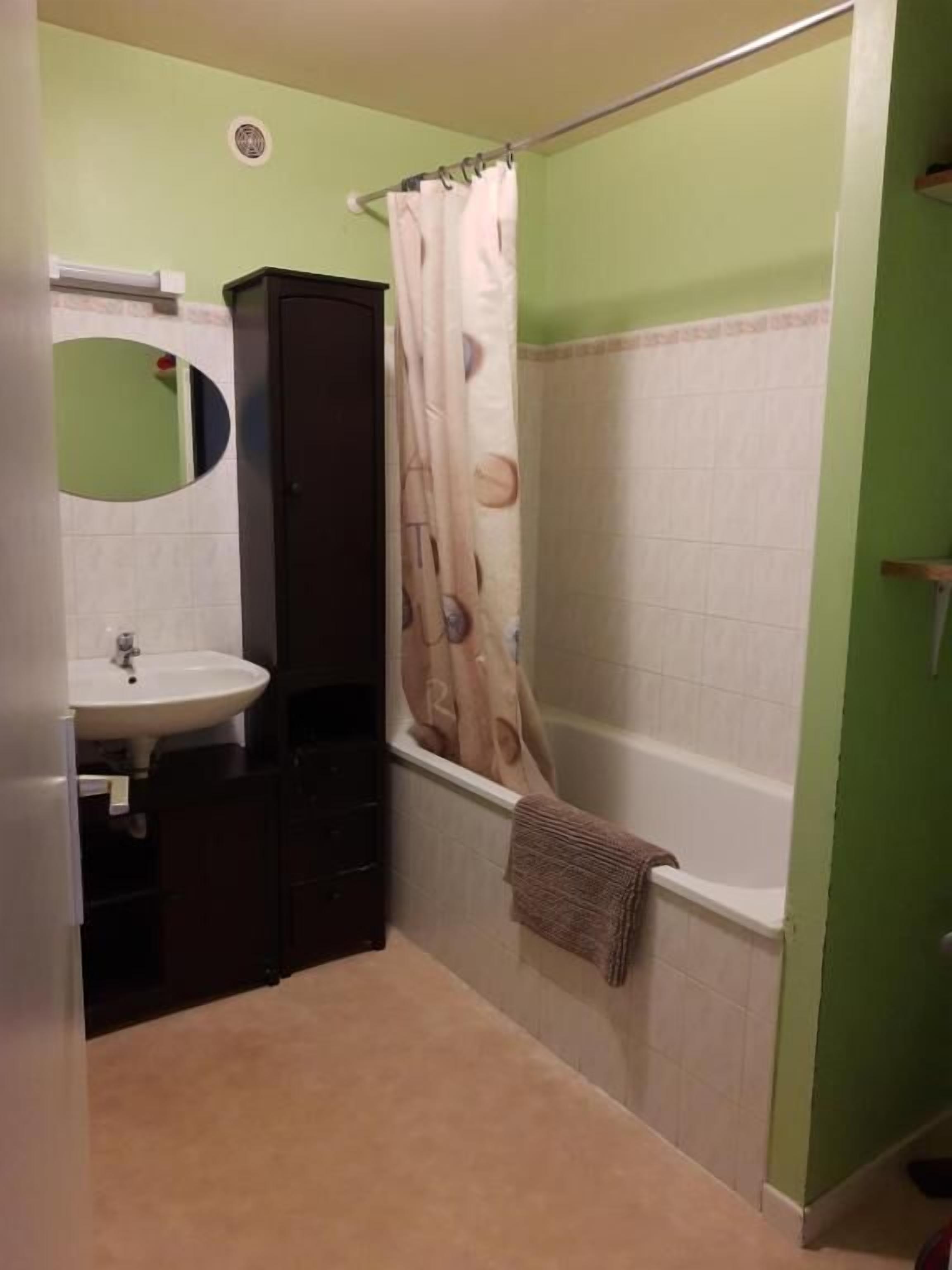 A bathroom with a sink, mirror, dark cabinet, shower curtain, and a towel hanging on the wall.