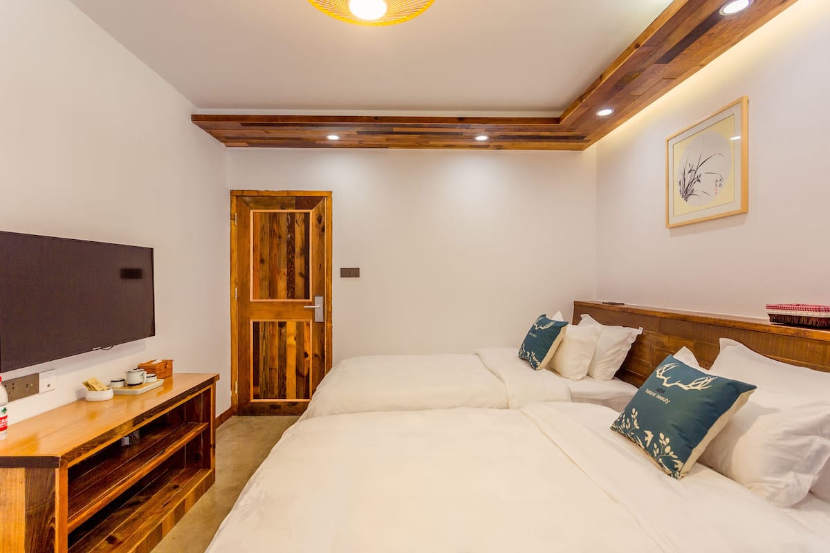 A bedroom with two beds, a TV, wooden furniture, and a ceiling light.