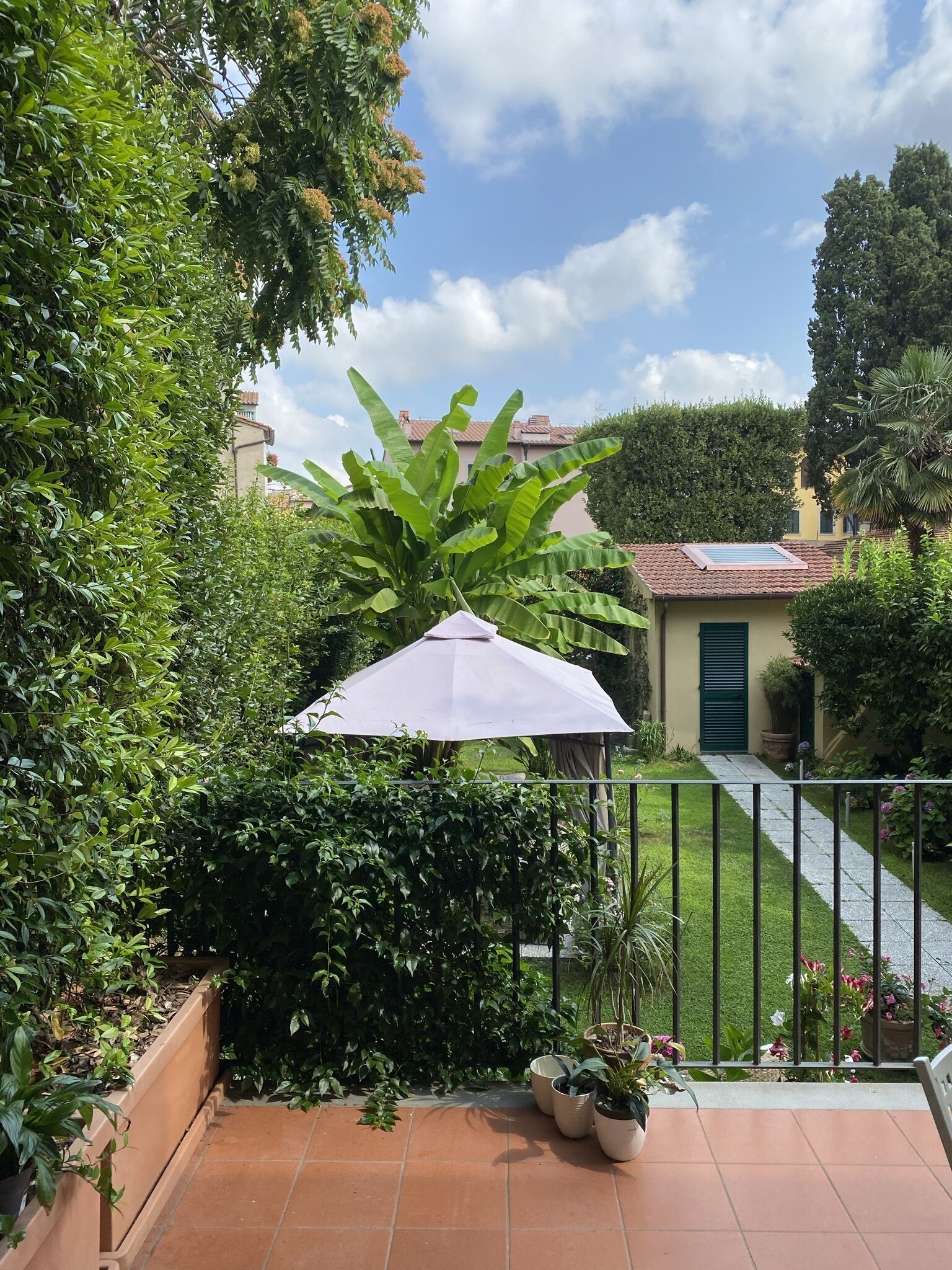 Un patio con suelo de baldosas, una pérgola con un paraguas blanco y diversas plantas en macetas.