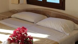 A bedroom with a bed, a window with a view of a beach and mountains, and a curtain.