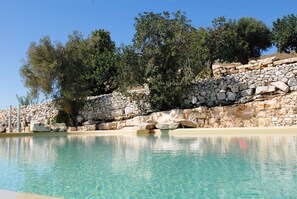 Ein klares Schwimmbecken mit Steinmauer und Bäumen im Hintergrund.