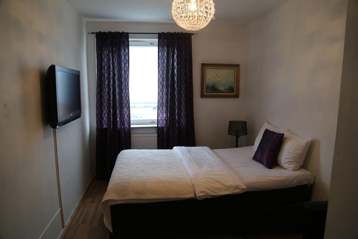 Un dormitorio con una cama, un televisor en la pared, una ventana con cortinas, un cuadro en la pared y una lámpara sobre una mesita de noche.