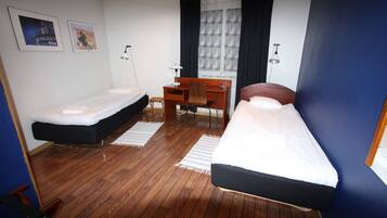 Twin Room (Shared Bathroom) | Desk, laptop workspace, blackout drapes, iron/ironing board