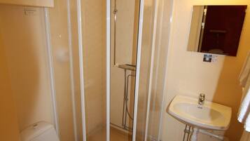 A bathroom with a toilet, a sink, a shower enclosure, and a mirror.