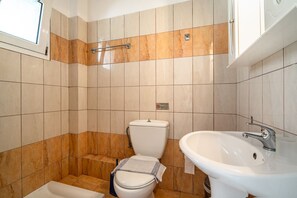 Estudio, vista al jardín | Baño | Regadera, secadora de cabello, toallas 