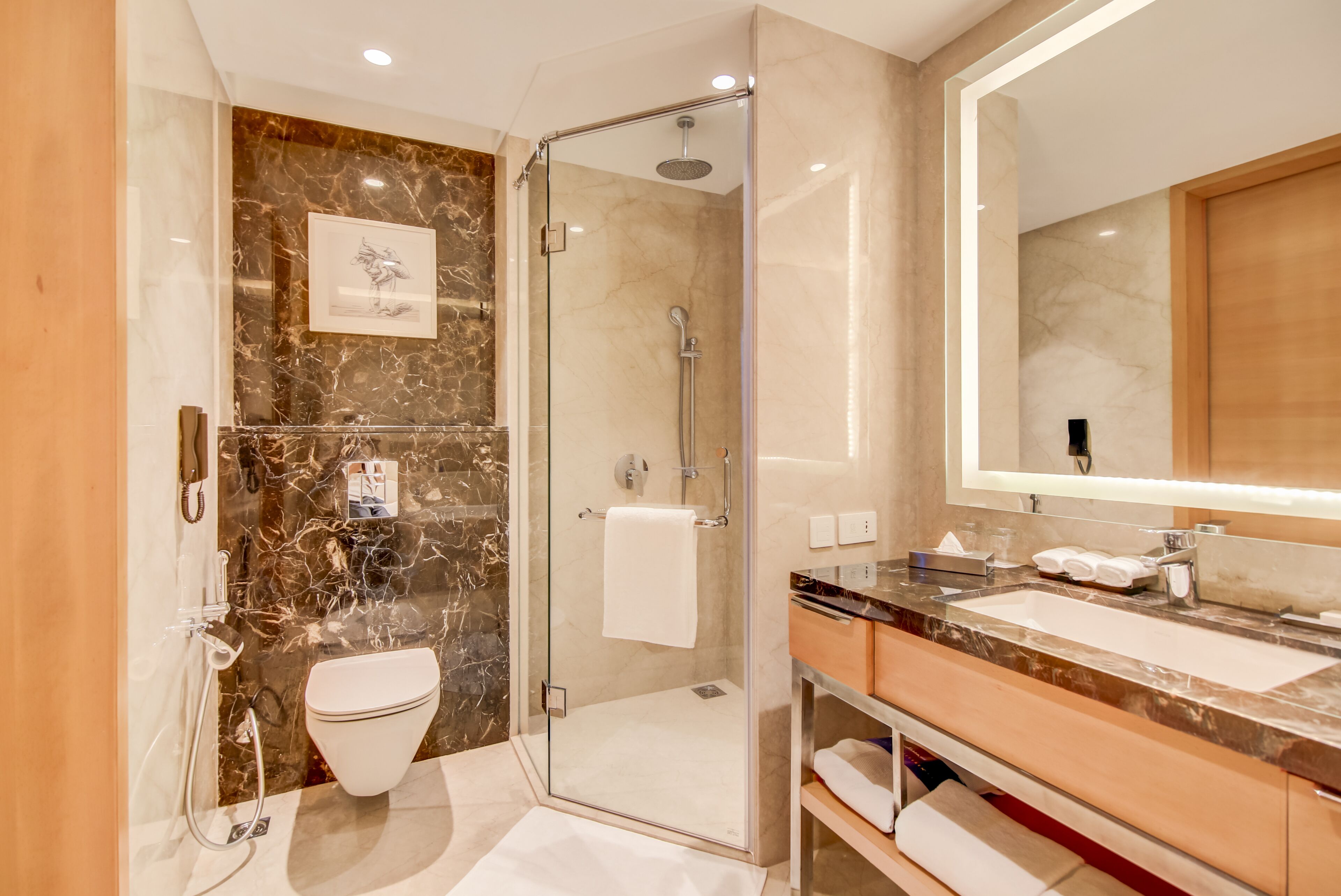 suite | bathroom | shower, hydromassage showerhead, eco-friendly toiletries, hair dryer