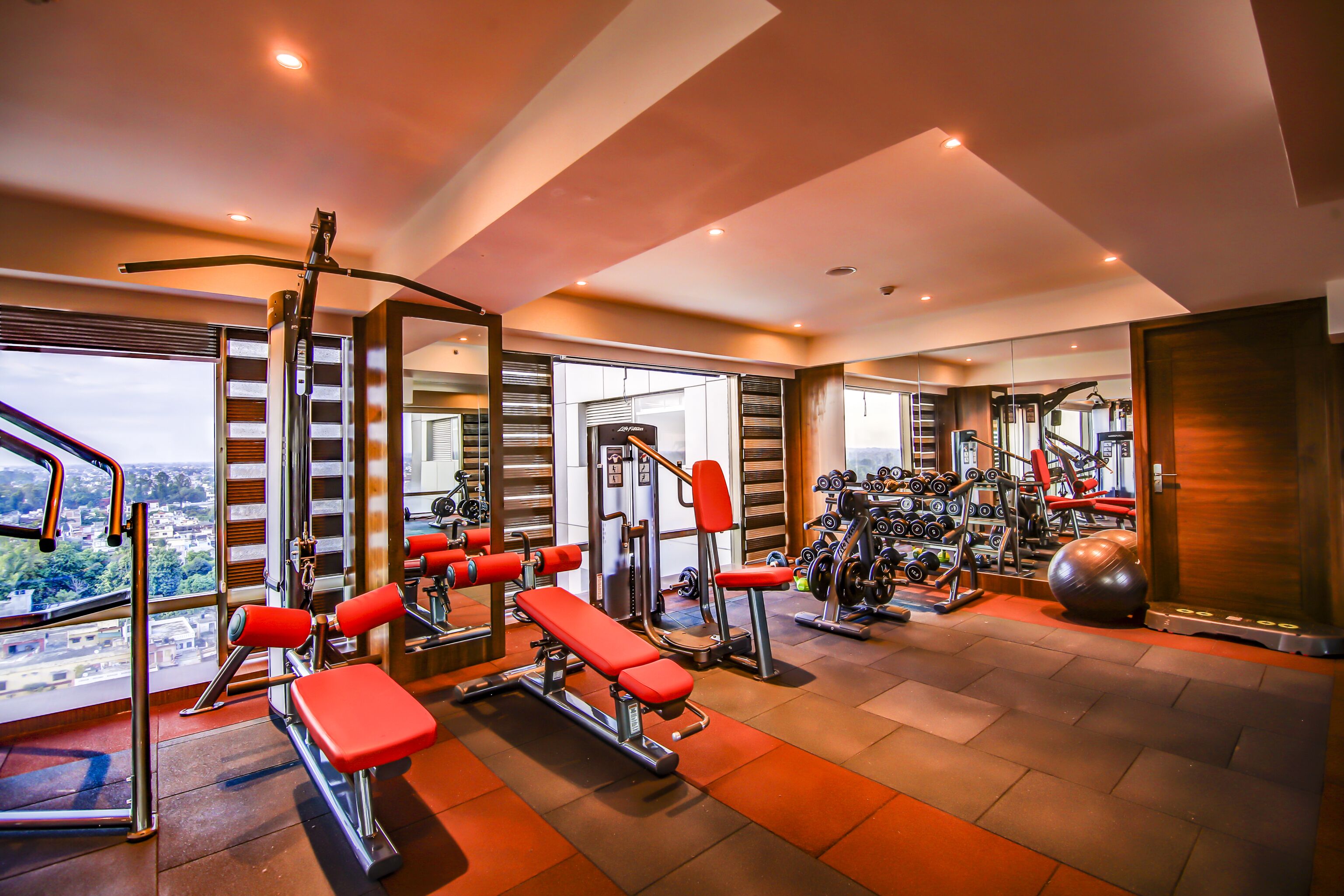 A modern gym with various exercise equipment, large windows, and a view of the city.