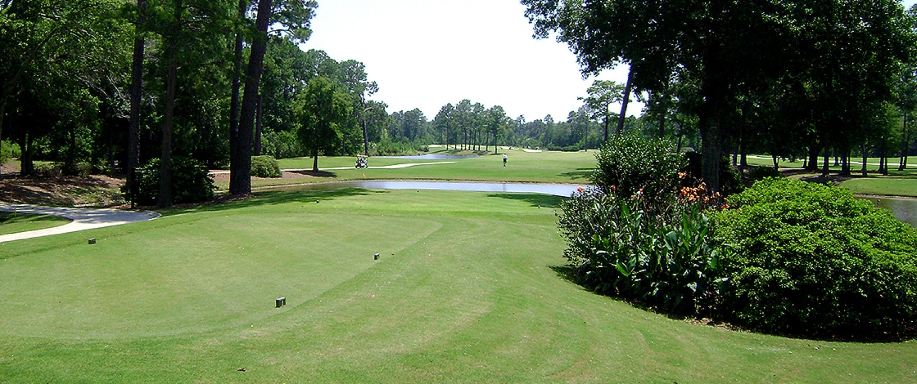 A golf course with a pond, trees, and a well-maintained lawn.