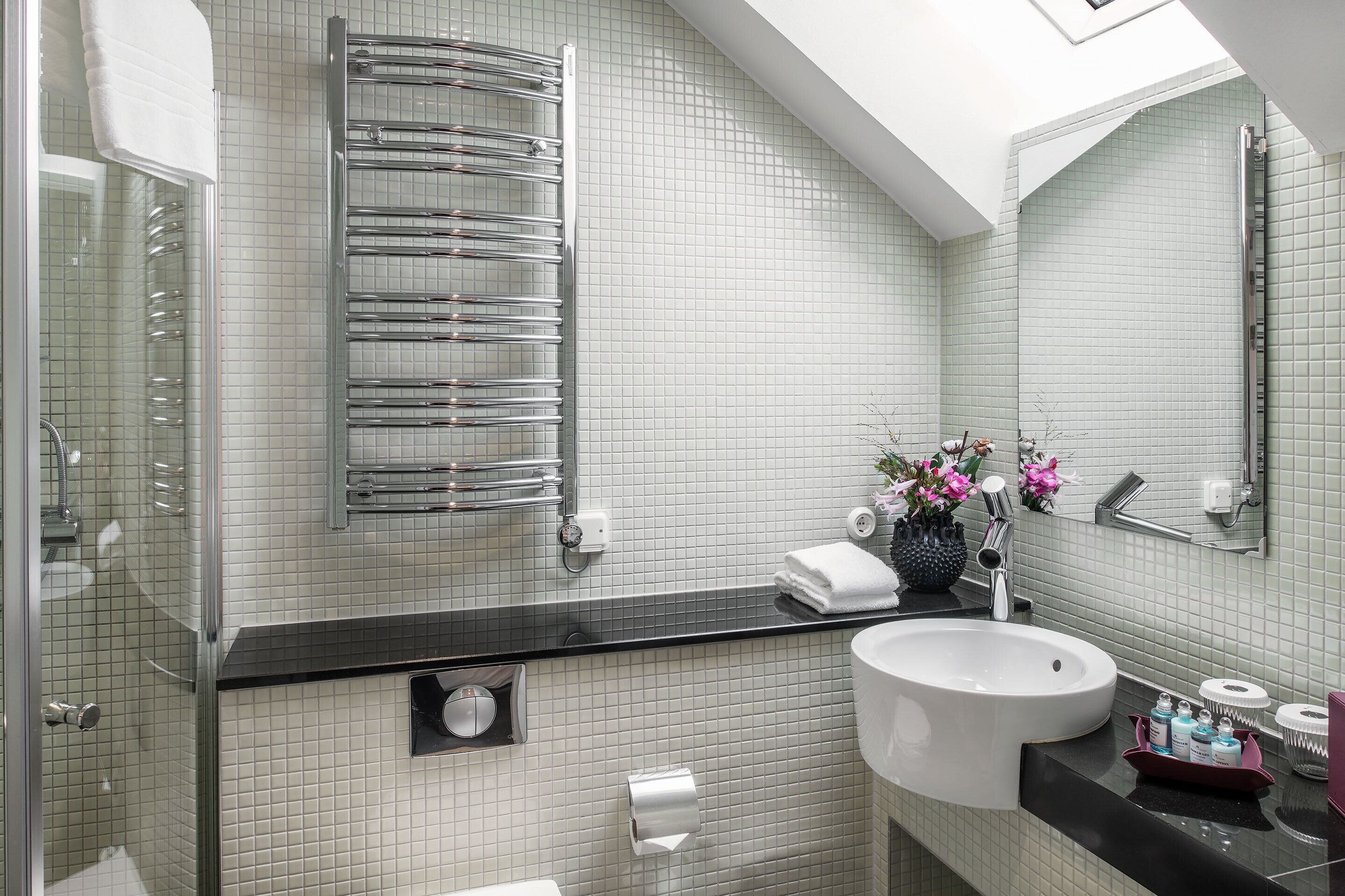 unique room | bathroom | designer toiletries, hair dryer, bathrobes, slippers