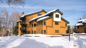 En byggnad med flera våningar, en träfasad och gröna detaljer, omgiven av snö.