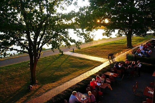 An outdoor seating area with tables and chairs, a pathway, and trees.