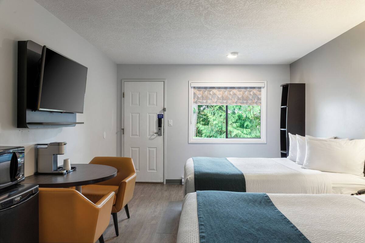 A hotel room with a bed, a desk with a coffee maker, a TV, and a window with a view of greenery.