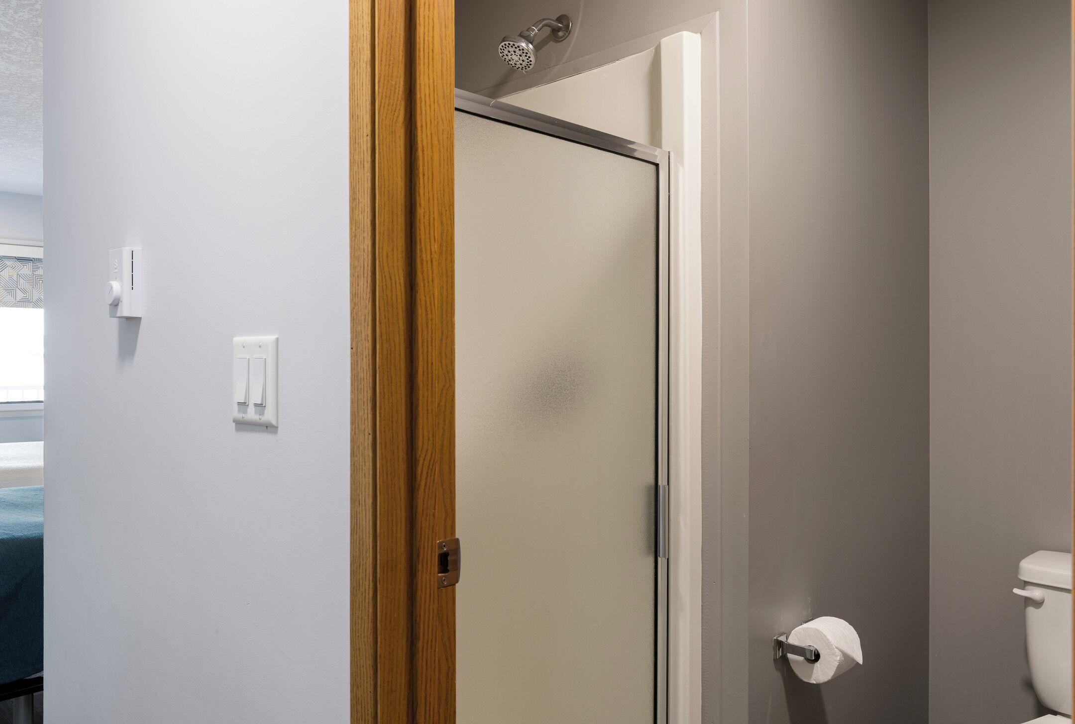 A bathroom with a shower, toilet, and a wooden door.