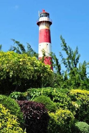 Un phare entouré d’une végétation luxuriante.