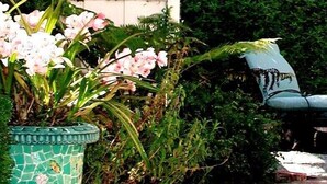 Een tuinpad met betegelde vloer, een decoratieve keramieken pot met roze bloemen en een stoel met een gestreept kussen.