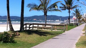 A paved walkway alongside a beach with palm trees and a wooden bench. - VERY TOP! Beautiful APARTMENT Ocean Front HIGH STANDARD (Meia Praia)
