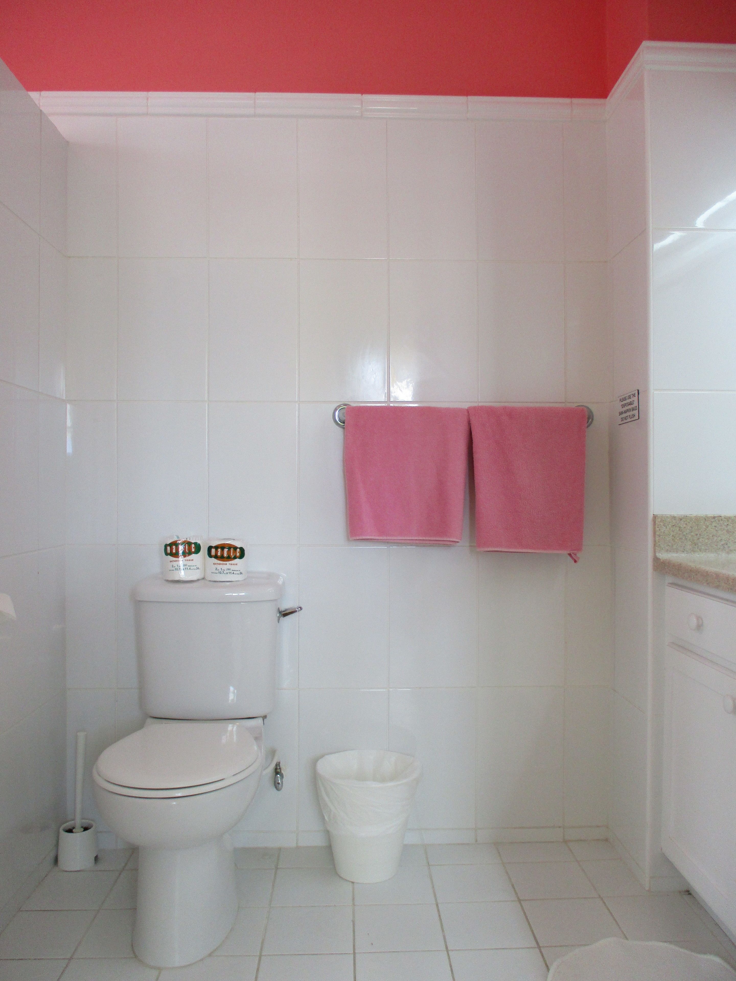 Un baño con inodoro, un cesto de basura y dos toallas rosas colgadas en un perchero.