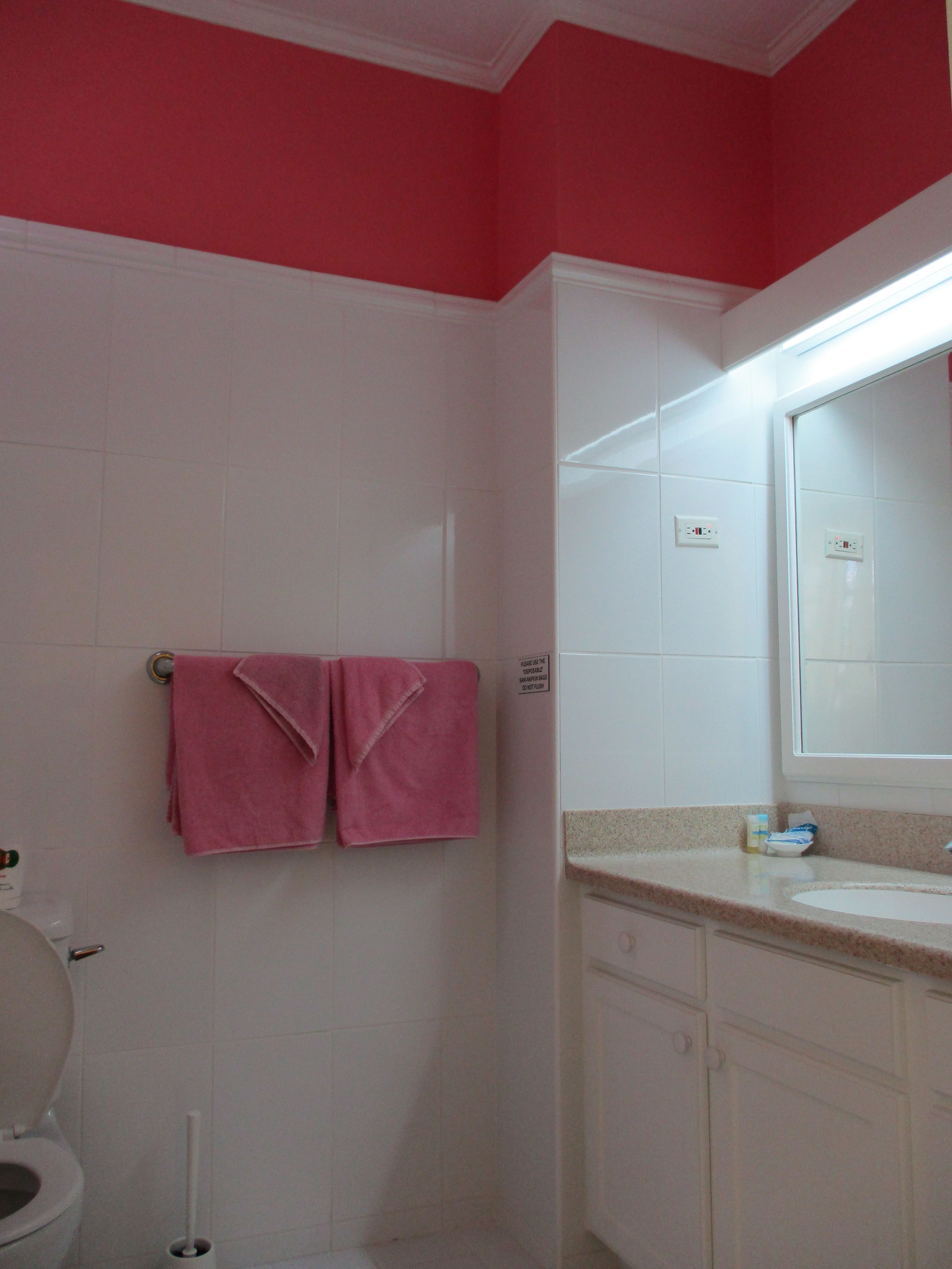 Un baño con inodoro, lavabo y espejo. Hay dos toallas rosas colgadas en la pared.