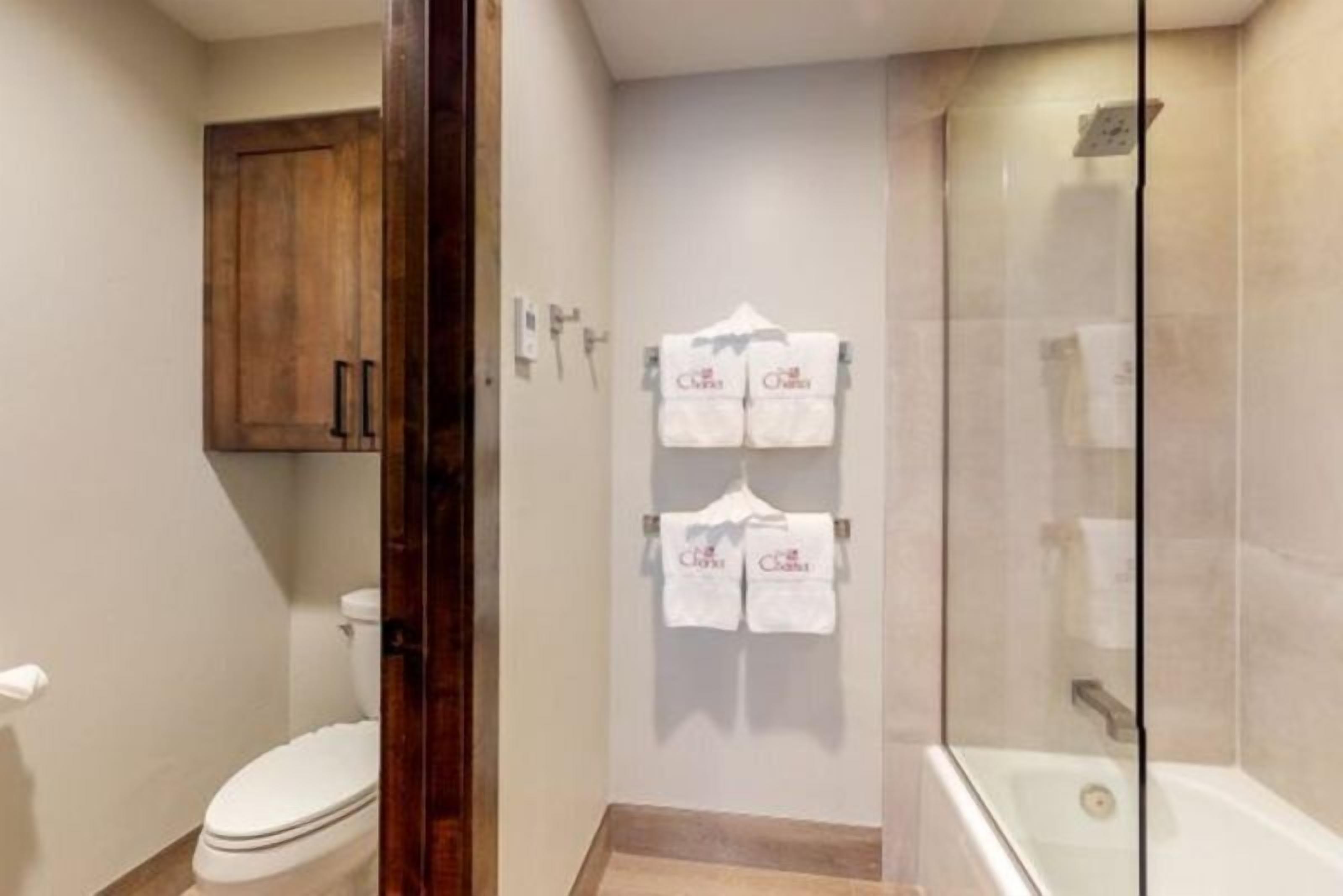 Ein Badezimmer mit Toilette, einer Duschkabine mit Glastür und zwei Handtüchern an einem Halter.