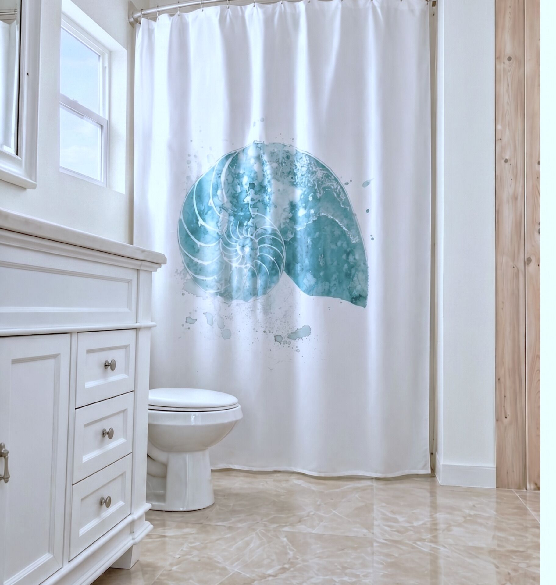 A bathroom with a white toilet, a white vanity with drawers, and a shower curtain with a blue abstract design.