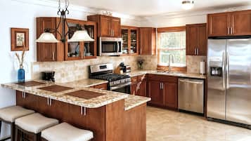 Villa, 2 Queen Beds, Private Bathroom, Beach View | Private kitchen | Full-sized fridge, microwave, oven, stovetop