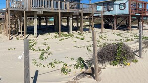 A beach house with a wooden deck and a lifeguard tower. - Sun, surf , repeat ! On the beach ! Wake up to the waves!  (Surfside Beach)