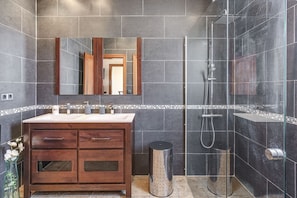 Combined shower/bathtub, jetted bath, hair dryer, bidet
