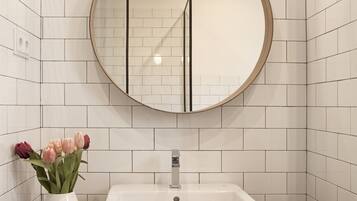 Ducha, secador de pelo, toallas y papel higiénico