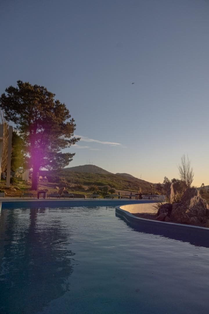 A swimming pool with a view of a hill and a tree.