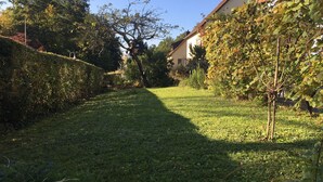 Ein grasbewachsener Weg führt zu einem Haus mit einem Garten.
