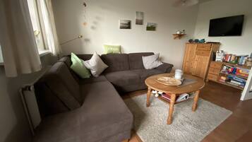 Fernseher, DVD-Player, Bücher, Stereoanlage