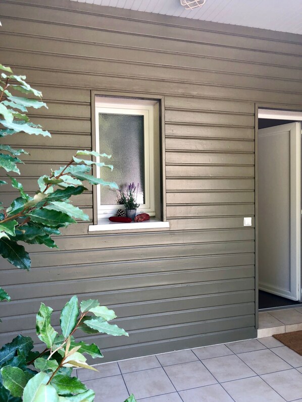 A modern building exterior with horizontal siding, a small window with a frosted glass pane, and a potted plant with purple flowers.