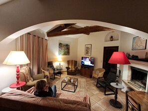 Smart TV, fireplace, table tennis, books