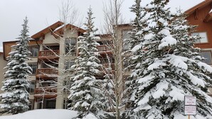 A multi-story building with a wooden facade and balconies, surrounded by snow-covered trees. - Quiet 
2 Bedroom/2 Bath Condo Sleeps 8 (Solitude)