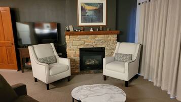 Smart TV, fireplace, video games, DVD player