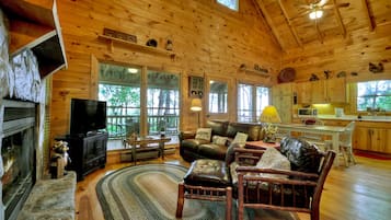 Flat-screen TV, fireplace, DVD player, foosball